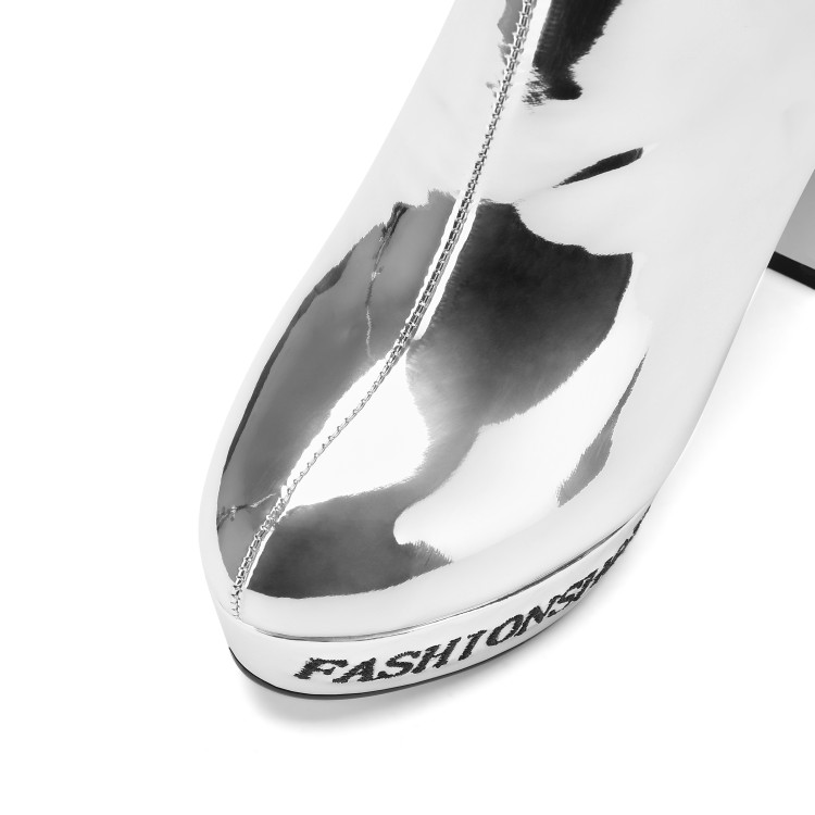 Silver High Heel Chunky Platform Mid Calf Riding Boots - Image 2