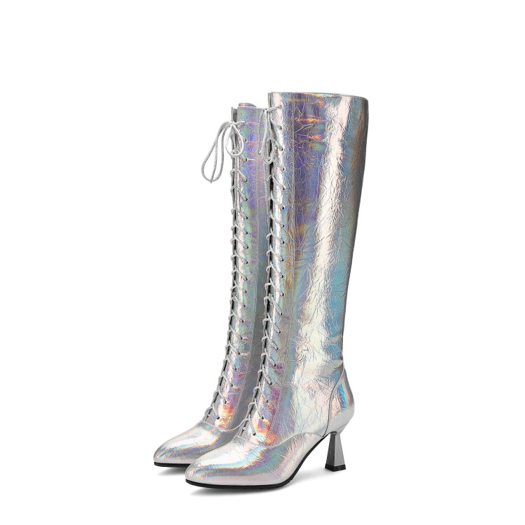 Silver High Heel Cone Heel Long Fashion Boots with Cross Strap Metal Decoration Hollow Out Side Zipper - Image 5