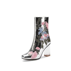 Silver High Heel Square Toe Ankle Boots with Side Zipper