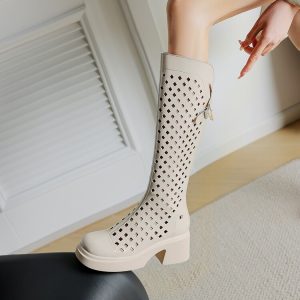 Korean Style Square Toe High Heel Knight Boots with Buckle and Cutout Details