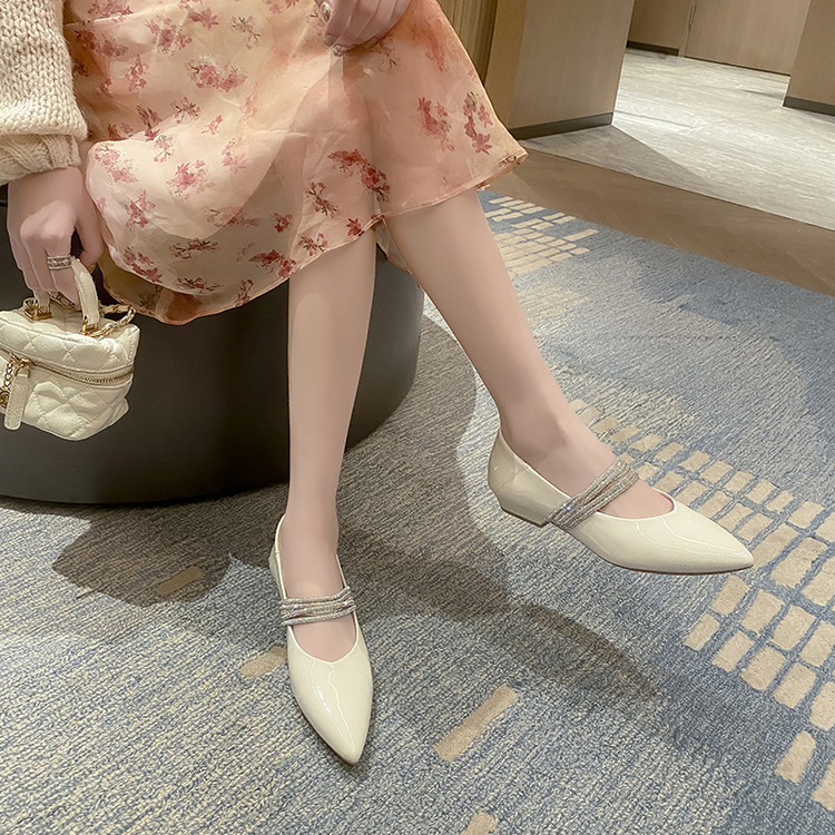 Women's Pointed Toe Low Chunky Heel Flat Shoes with Rhinestone Detail - Image 2