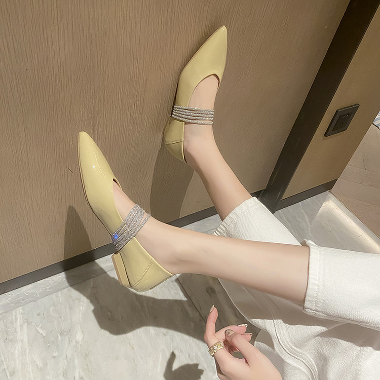 Women's Pointed Toe Low Chunky Heel Flat Shoes with Rhinestone Detail - Image 3