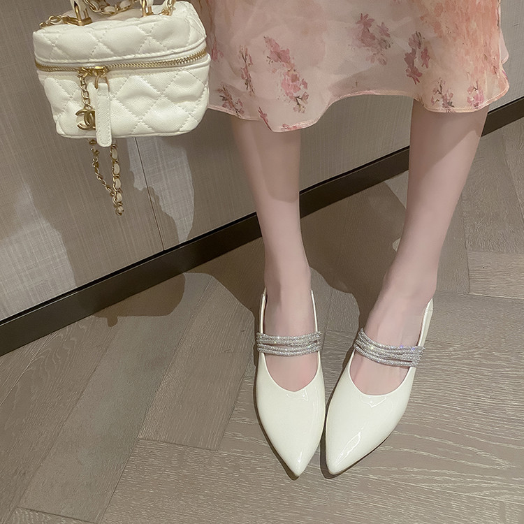 Women's Pointed Toe Low Chunky Heel Flat Shoes with Rhinestone Detail - Image 4