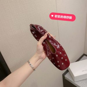 Women's Fashion Flat Shoes Low Chunky Heel Round Toe Metal Rivet