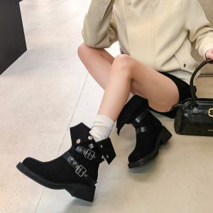 Women's Korean Style Square Toe Mid Calf Knight Boots with Buckle and Rivet Details