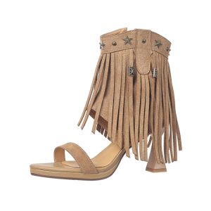 Women's High Heel One-Strap Sandals with Tassels and Rivets