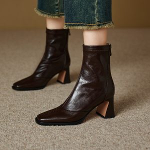 Women's Square Toe High Heel Ankle Boots with Back Zipper